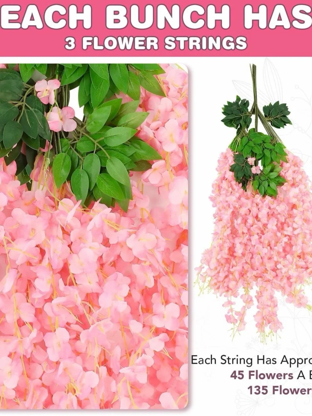 Alotiki Pink Artificial Wisteria Hanging Flowers 48-Pack Decor